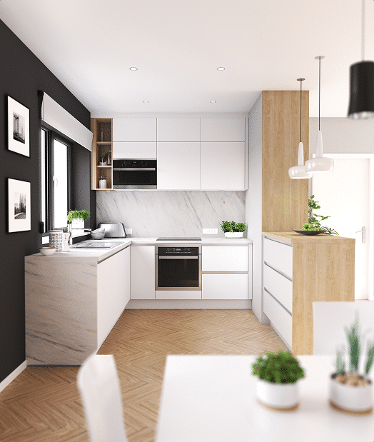 Cuisine moderne avec meubles blancs, plan de travail en marbre, sol en bois clair, plantes vertes et éclairage suspendu.