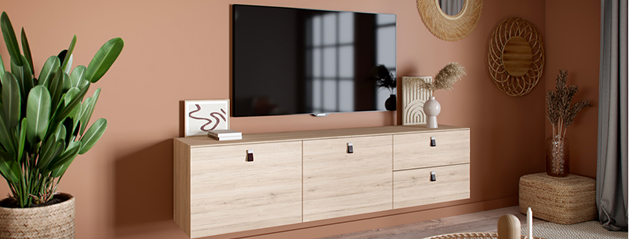 Meuble TV en bois clair avec trois portes sous un écran plat monté au mur, sur fond de mur terracotta, décoré de plantes et objets d'art.
