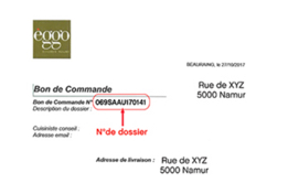 Bon de commande avec numéro de dossier en rouge, logo èggo vert en haut à gauche, et adresses à Namur.