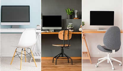 Trois bureaux alignés avec chaises différentes, chacun équipé d'un ordinateur. Le premier est blanc, le deuxième en bois, le troisième en gris.