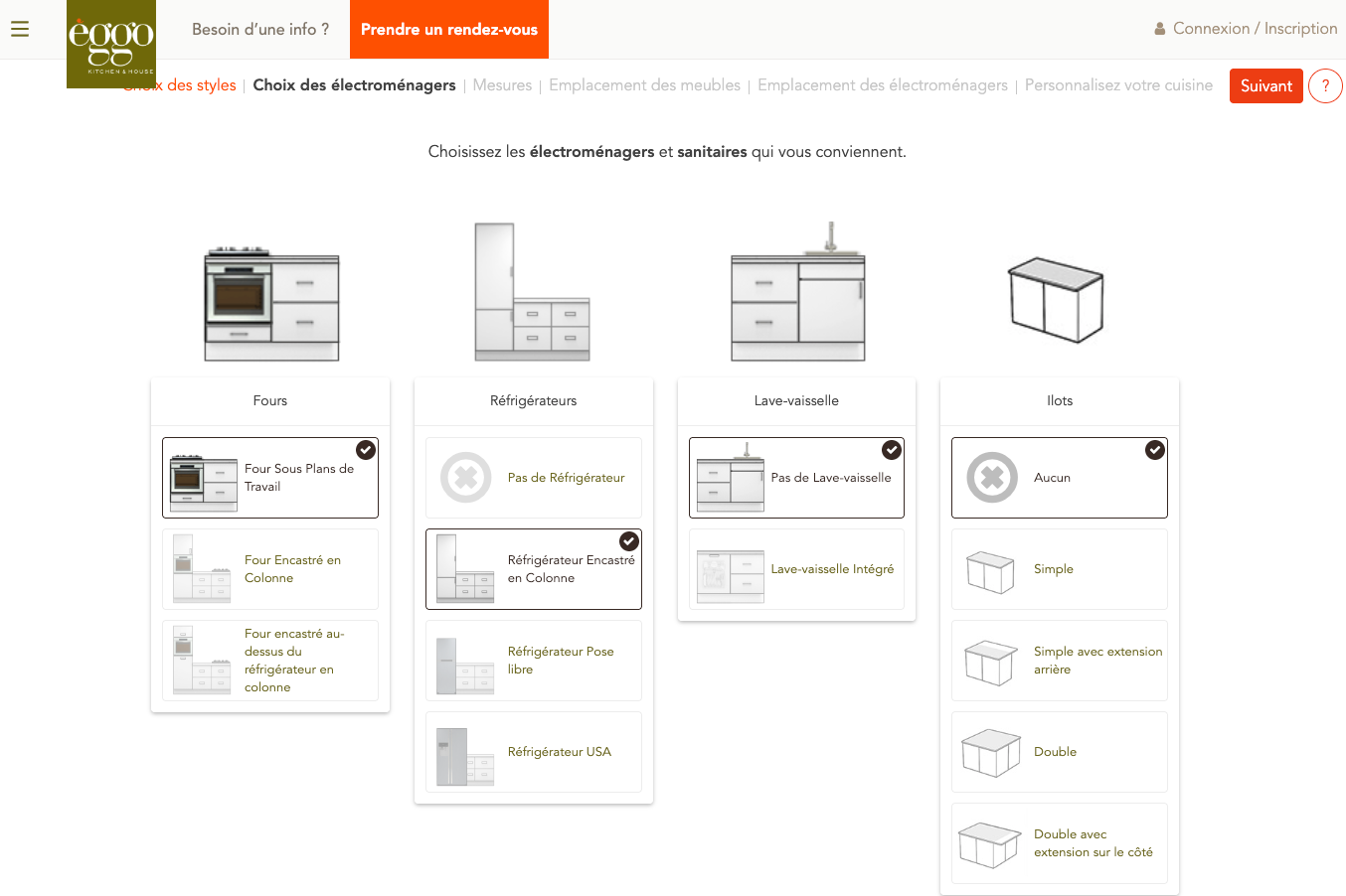 Interface de sélection d'électroménagers avec options pour fours, réfrigérateurs, lave-vaisselles et îlots, affichant des icônes grises et blanches.