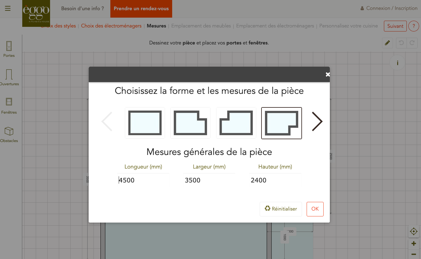 Fenêtre de sélection de la forme et des mesures d'une pièce avec options de forme et dimensions en millimètres pour longueur, largeur et hauteur.